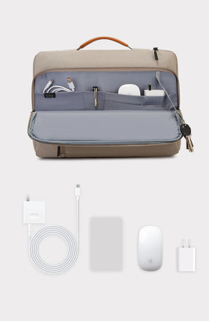 Beige laptop bag with open interior organizer pockets and top handle