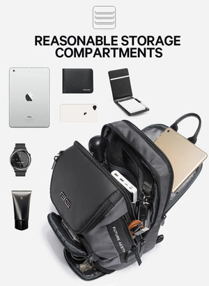 Black compact crossbody bag with open compartments for cards, phone, and small items.