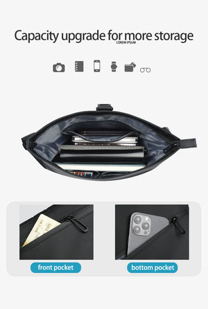 Black messenger bag with open top compartment and front and bottom pockets
