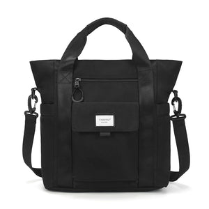 Black waterproof tote backpack with two side hooks and front zip pocket
