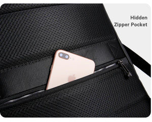 Hidden zipper pocket on textured roll-top backpack with smartphone