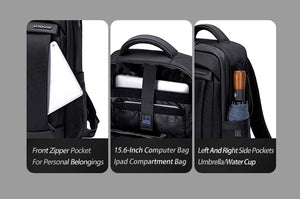 Black travel backpack with front zipper pocket, 15.6-inch computer sleeve, side pockets