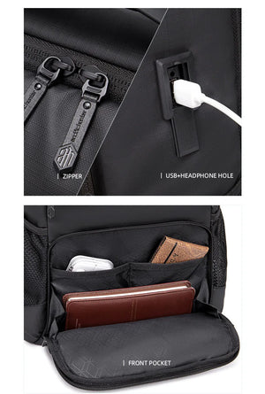 Black backpack with USB port opening, zipper details, and open front organizer pocket