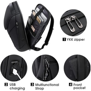 Black backpack with side USB charging port, front zipper, and crossbody-style strap