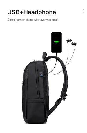 Black lightweight waterproof travel backpack with front zip pocket and shoulder straps
