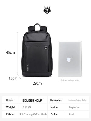 Black travel backpack with top handle, front zip pocket, and side tabs