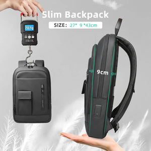 Slim black backpack with front pocket and side view showing slim profile