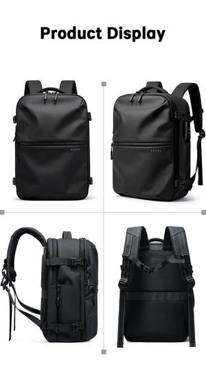 Black travel backpack product display with front, side, and back views and shoulder straps shown