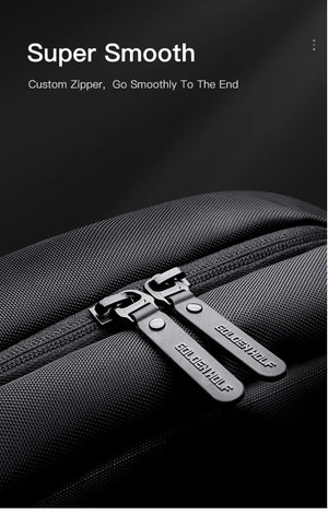 Close-up of smooth zipper and metal zipper pull on black textured backpack
