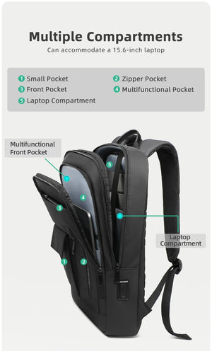 Black backpack with multiple compartments and 15.6-inch laptop storage