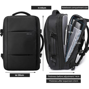 Black expandable backpack with padded back panel and side front pocket, shown with dimensions