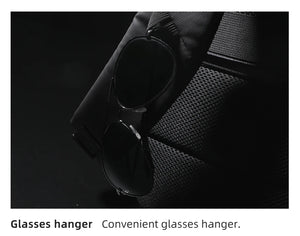 Travel backpack with built-in glasses hanger on the side