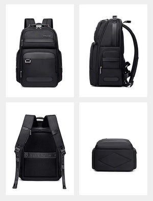 Black waterproof travel backpack set of angles showing front, back, side, and base