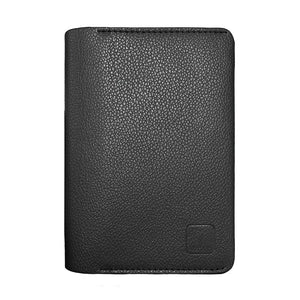 Black leather passport wallet, textured finish with small embossed logo on front