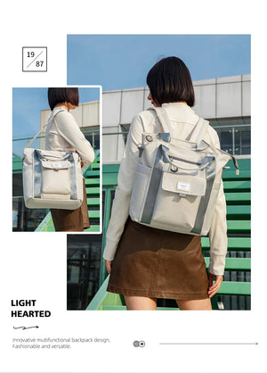 Beige waterproof backpack worn on back with front flap pocket and straps