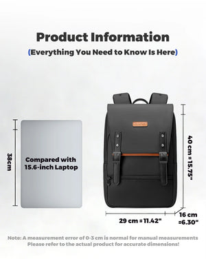 Black commuter backpack front view with orange-trim logo and flap closure