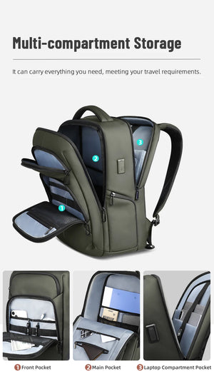 Green waterproof travel backpack with multiple compartments and side access pockets