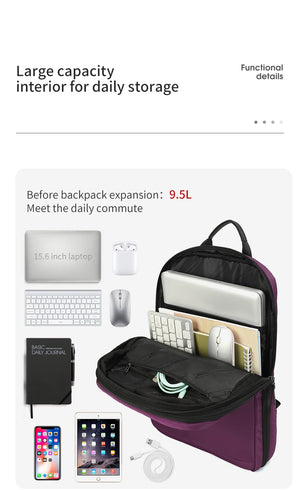 Purple expandable backpack open interior showing compartments for daily items