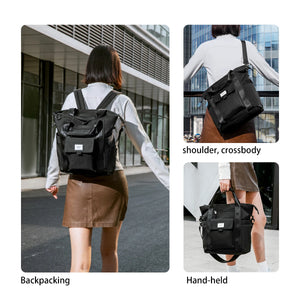 Black waterproof backpack with adjustable shoulder straps, worn on back