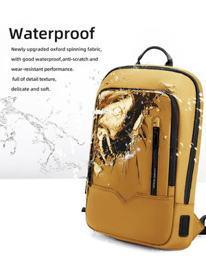 Yellow waterproof compact backpack with front zipper pocket, shown with water splash