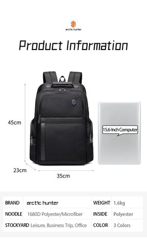 Black large travel backpack with front pockets and laptop compartment, 2-side profile