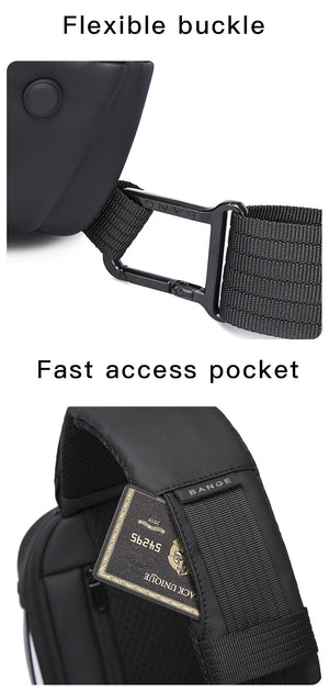 Black crossbody sling bag with quick-access pocket and adjustable buckle strap.