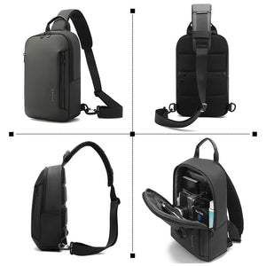 Minimalist sling bag with adjustable strap; front zip pocket and side details in dark gray.