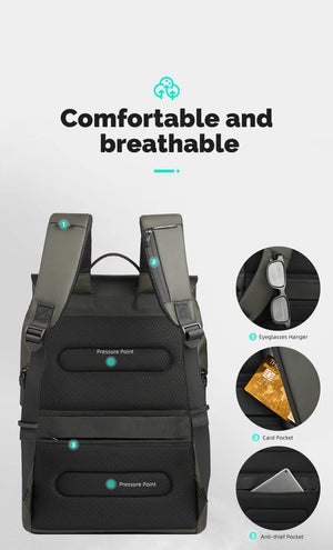 Waterproof travel backpack with ventilated back panel and padded shoulder straps
