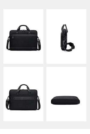 Black laptop bag with multiple views; front zipper, top handles, and adjustable strap