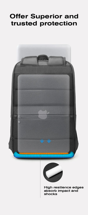 Black backpack with front protective padding and high-resilience edge cushioning