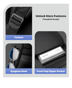 Black backpack with eyeglass hook, textured fabric, and front flap zipper pocket
