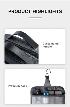 Collapsible waterproof toiletries bag with padded handle and zippered storage compartments
