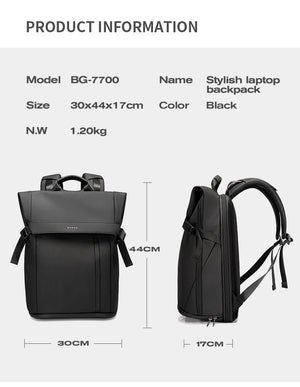 Black laptop backpack with front flap and side straps, shown from front and back