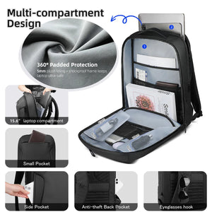 Black backpack open view showing laptop compartment, mesh pockets, and anti-theft back pocket