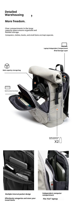 Grey travel backpack with hanging strap detail and side compartment close-up