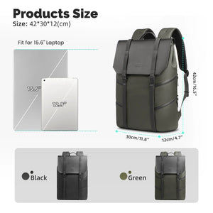 Green waterproof travel backpack sized for a 15.6-inch laptop, front zip pockets
