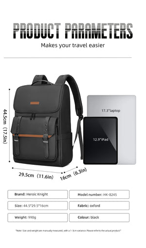 Black commuter backpack front and side views with laptop sleeve and side storage pockets