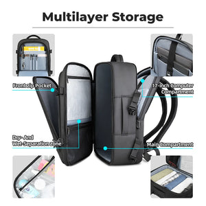 Black backpack with multi-compartments, front zip pocket, and wet/dry separation zone