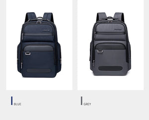 Blue and grey waterproof travel backpacks with front pockets and top handle