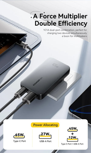 ESSAGER 65W Ultra Thin GaN Travel USB Charger with Quick Charge 4.0, PD3.0 - Black