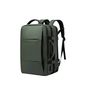 Green backpack with front pocket, top handle, and side straps for travel
