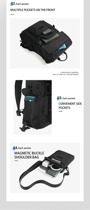 Black bag front with shoulder strap buckle and multi-compartment layout diagram