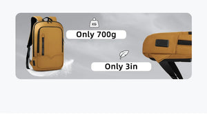 Thin yellow compact waterproof backpack with front zipper pocket and top handle