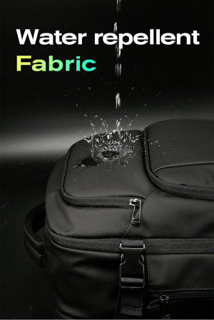 Black backpack outer fabric with water-repellent coating and visible droplets