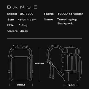 Travel laptop backpack size diagram with front and side silhouettes and dimension markers.