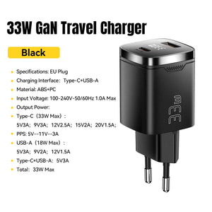 ESSAGER 33W GaN USB Charger with Digital Display and PD Fast Charging - Black