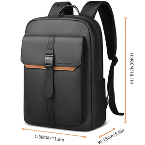 Black waterproof commuter backpack with front buckle pocket and padded shoulder straps