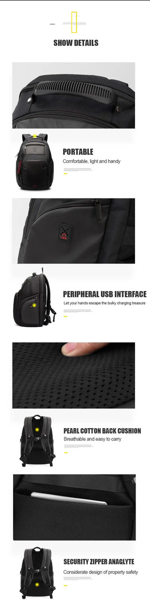 Black waterproof backpack details with zip front pocket, padded back panel, and security
