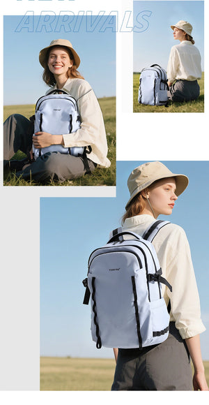 Light blue waterproof travel backpack worn outdoors, front and side views for strap details
