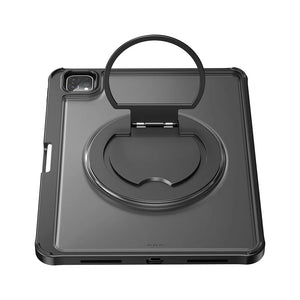 Black tablet keyboard folio case with circular kickstand ring and top camera cutout